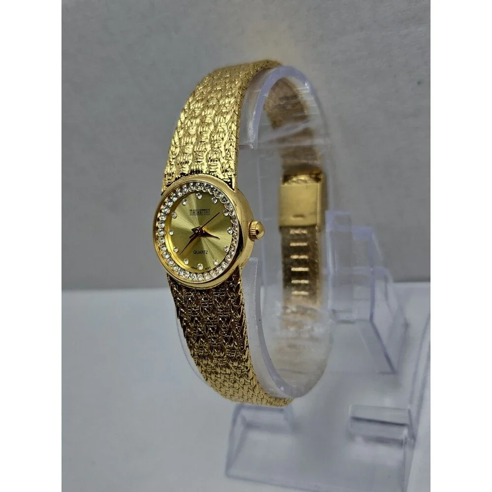 Manhattan Croton Womens Gold Tone Crystal Bezel Basket Weave Watch New Battery